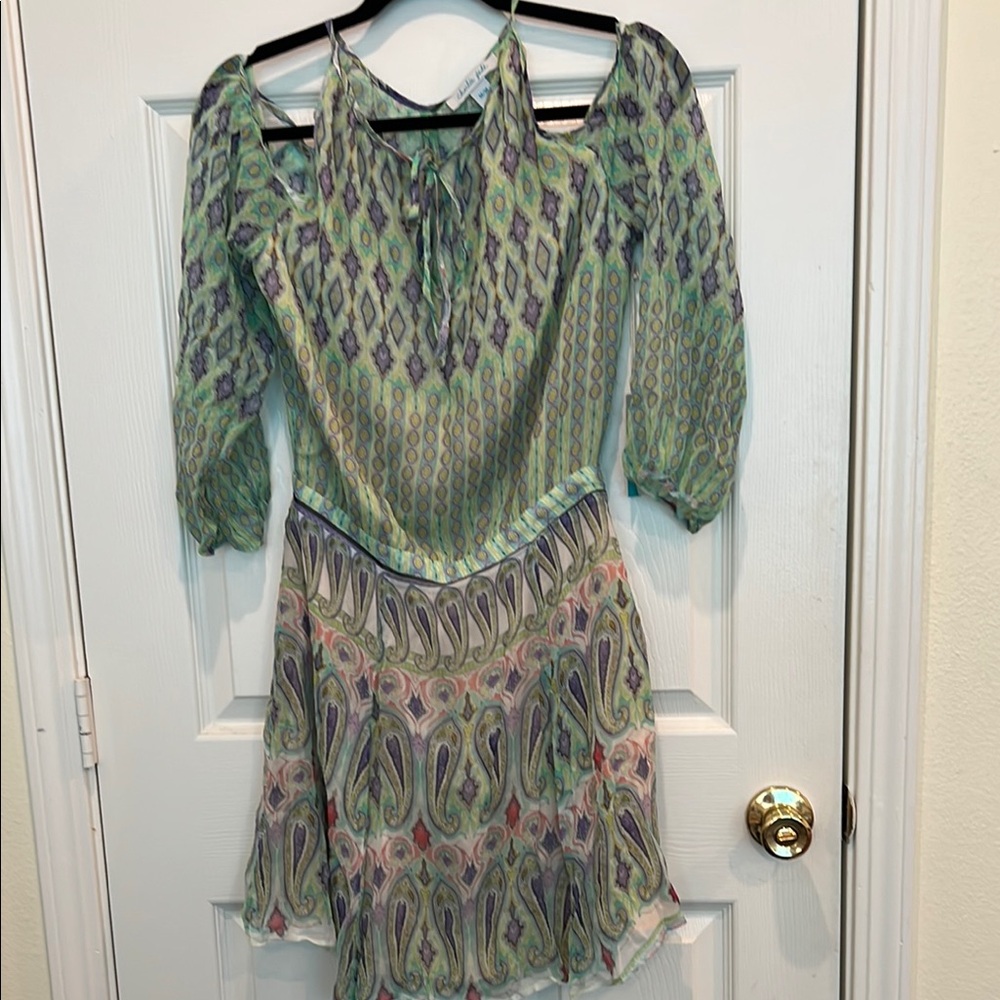 Charlie Jade Green and Pink Halter Sundress with Bishop Sleeves- silk